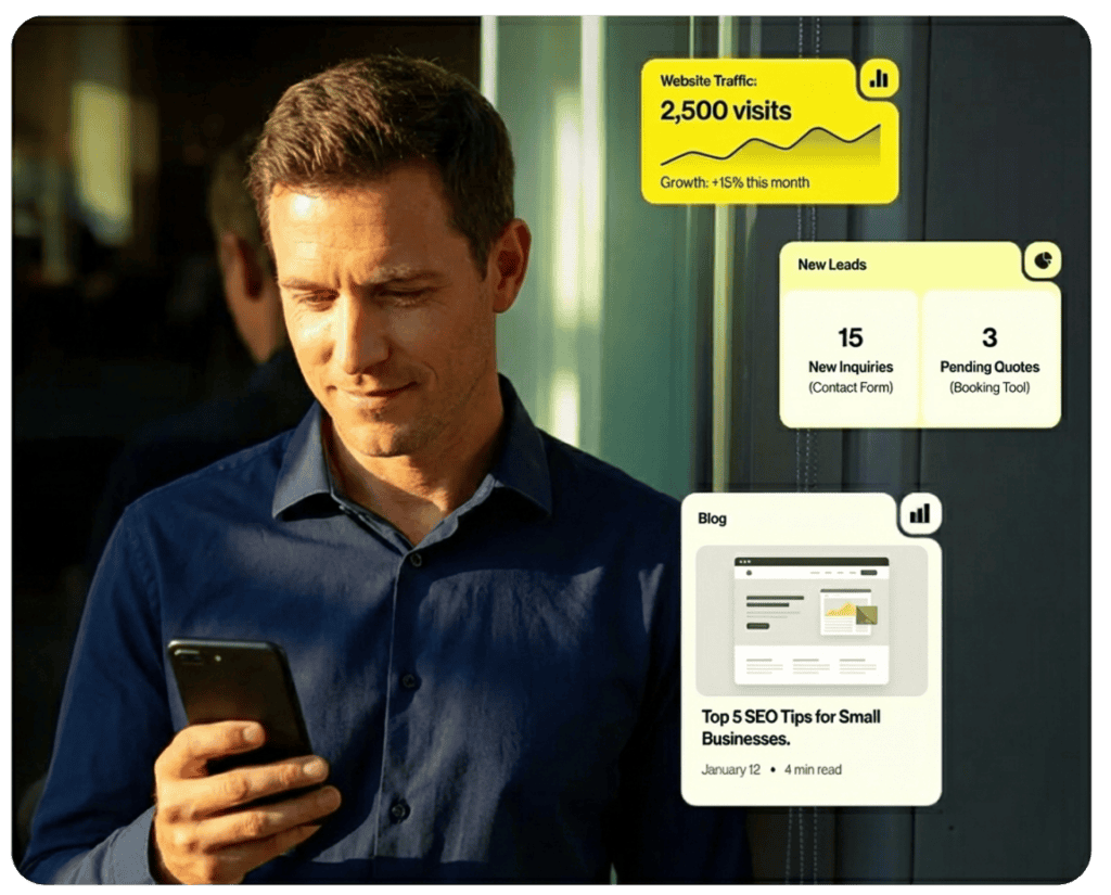 Small business man looking at positive website results from a redesign
