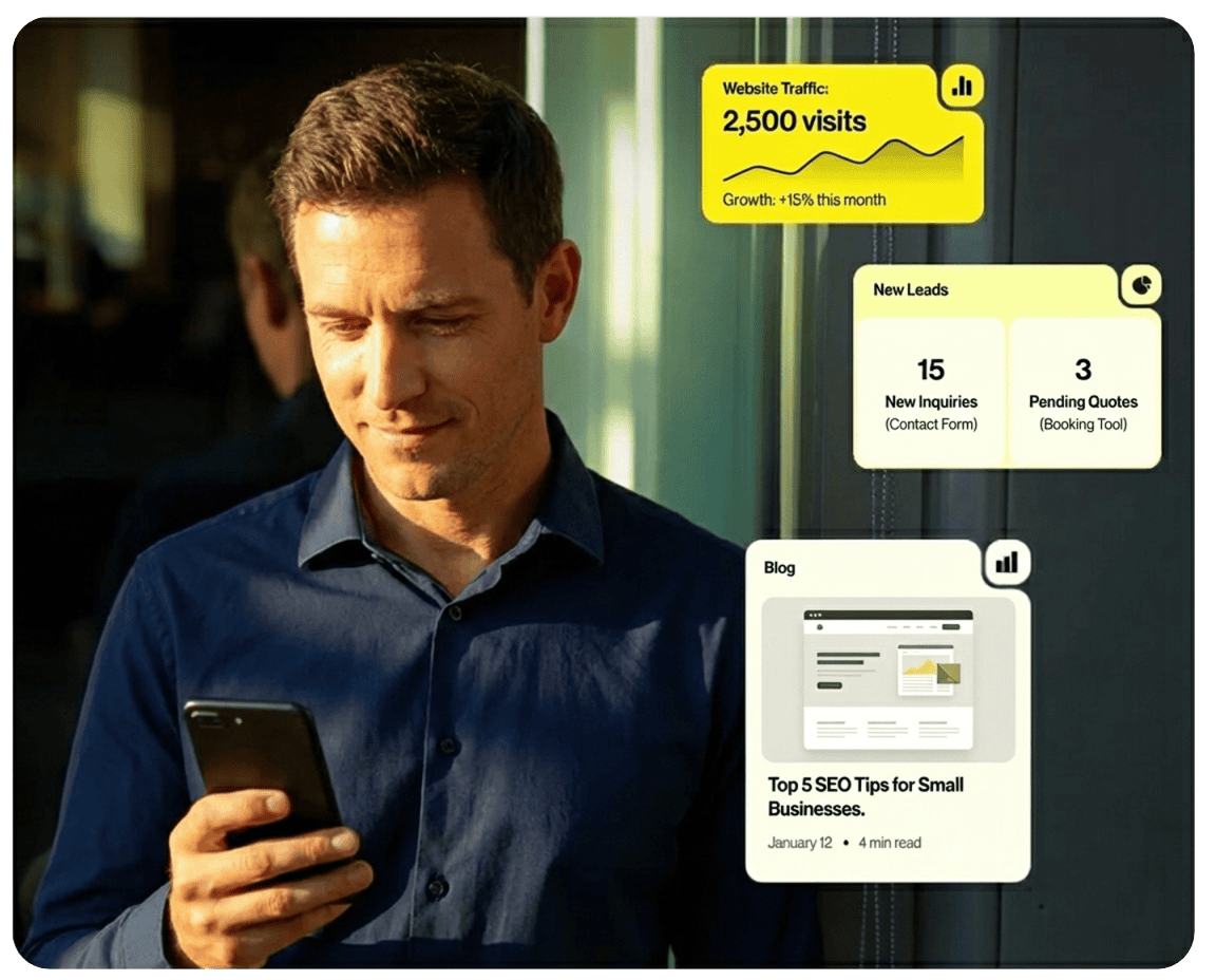 Small business man looking at positive website results from a redesign