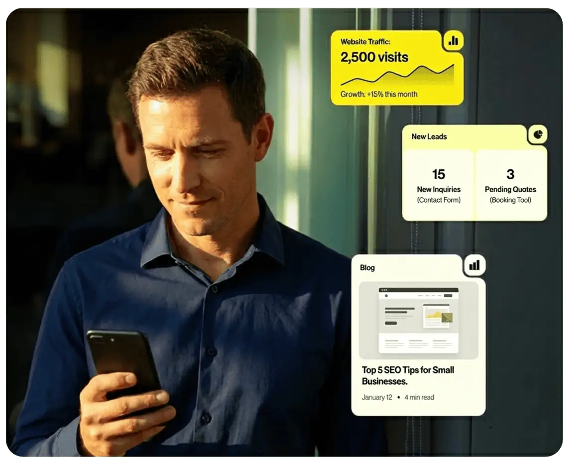 Small business owner reviewing website leads on a phone