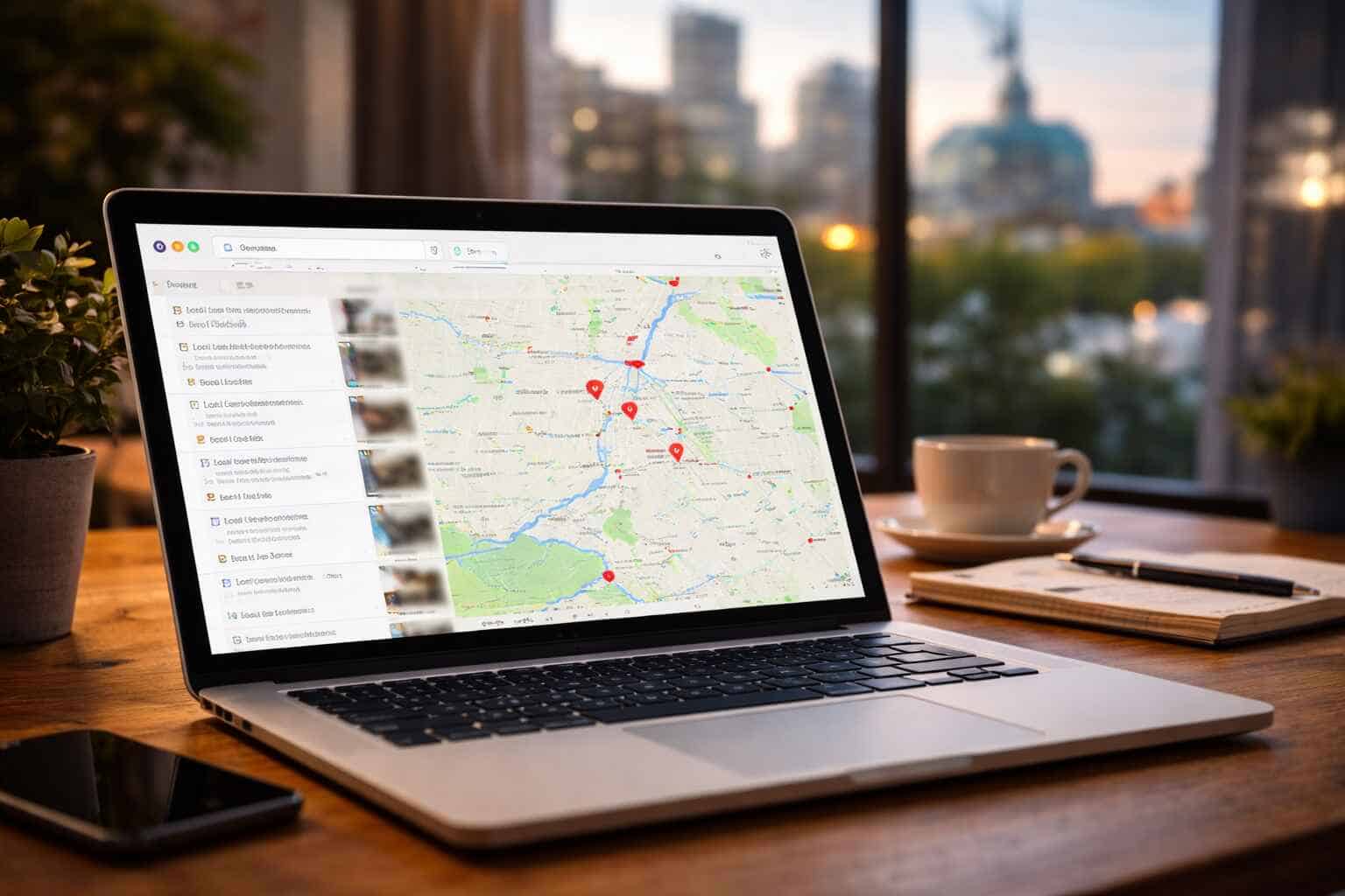Laptop showing Google Maps local business results in Winnipeg, illustrating local SEO strategy for small businesses
